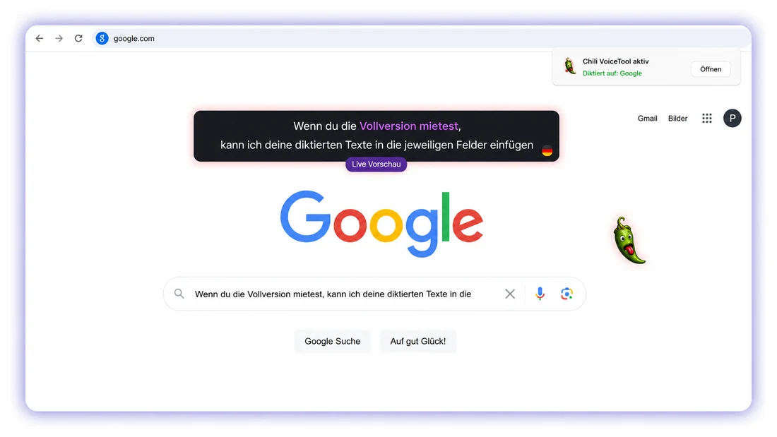 Chili VoiceTool in Aktion: Diktat direkt auf Google